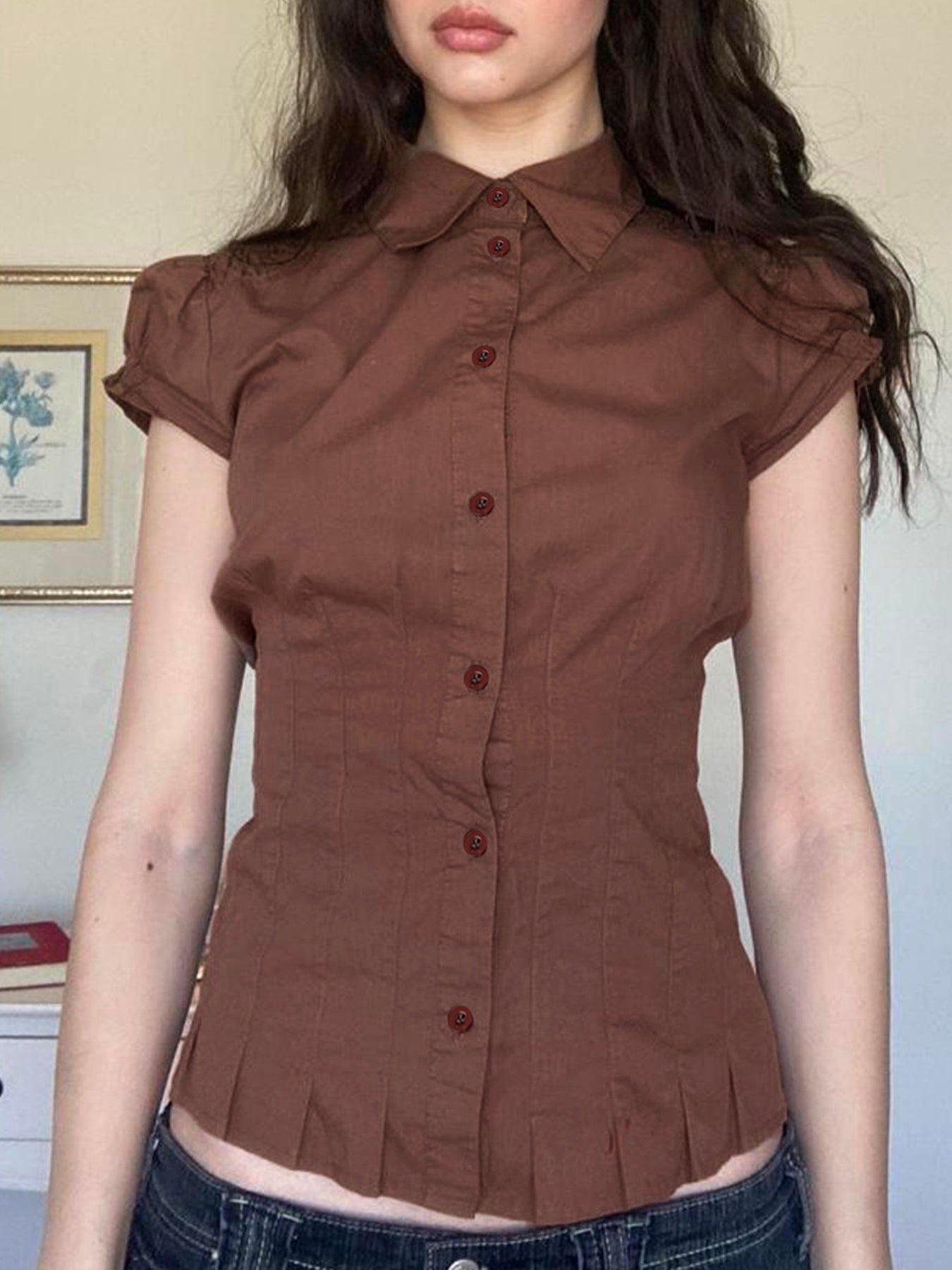 BXOXO - summer inspo American Retro Preppy Brown Shirts Women Button Up Turn Down Collar Puff Sleeve Shirring Pleated Hem Slim Casual Tops