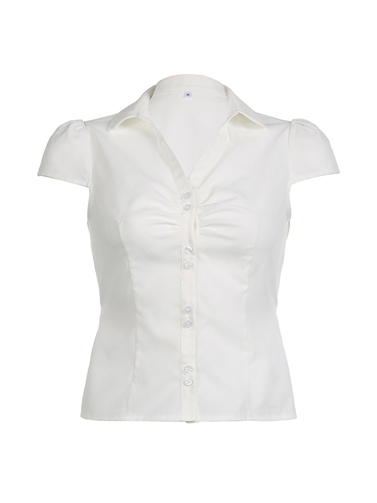 BXOXO - summer inspo Solid Shirring Button Up Turn Down Collar Short Sleeve White Shirts Women Simple Casual Summer Clothes
