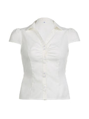 BXOXO - summer inspo Solid Shirring Button Up Turn Down Collar Short Sleeve White Shirts Women Simple Casual Summer Clothes