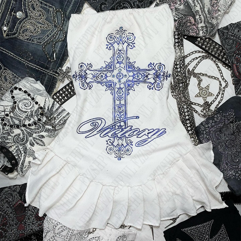 Bxoxo Hip Hop Punk Women's Tube Top Dress Gothic Y2K Harajuku High Street Rock Chic Pattern Print Summer Fashion Sexy Dress emo girls