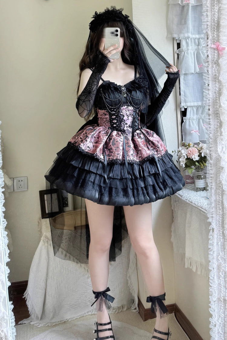 BXOXO - Black/Pink Ancient Dream of the Dark Night Print Ruffle Gothic Lolita Jsk Dress