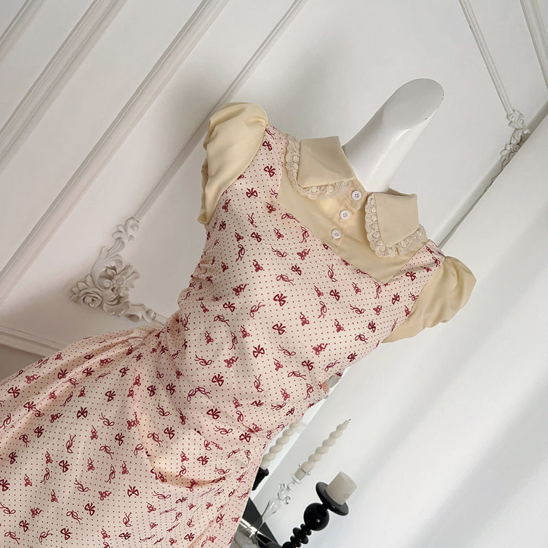 BXOXO - summer inspo Fake Two Pieces of Bow Printed Short Sleeved Dress for Women Summer New Fashion Elegant Slim Fit Mini Dresses
