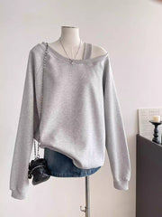 BXOXO - summer inspo Autumn New Women Loose Off Shoulder Sweatshirt Korean Lazy Style Pullover Tops Casual Versatile Solid Color Long Sleeve Tops