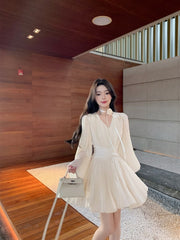 BXOXO party look inspos Spring Autumn New Solid Short Dress Elegant Women V-Neck Flare Sleeve A-Line Mini Dresses Fashion Lady Birthday Party Vestidos