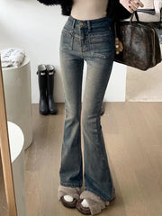 Vintage Distressed Elastic Flare Jeans