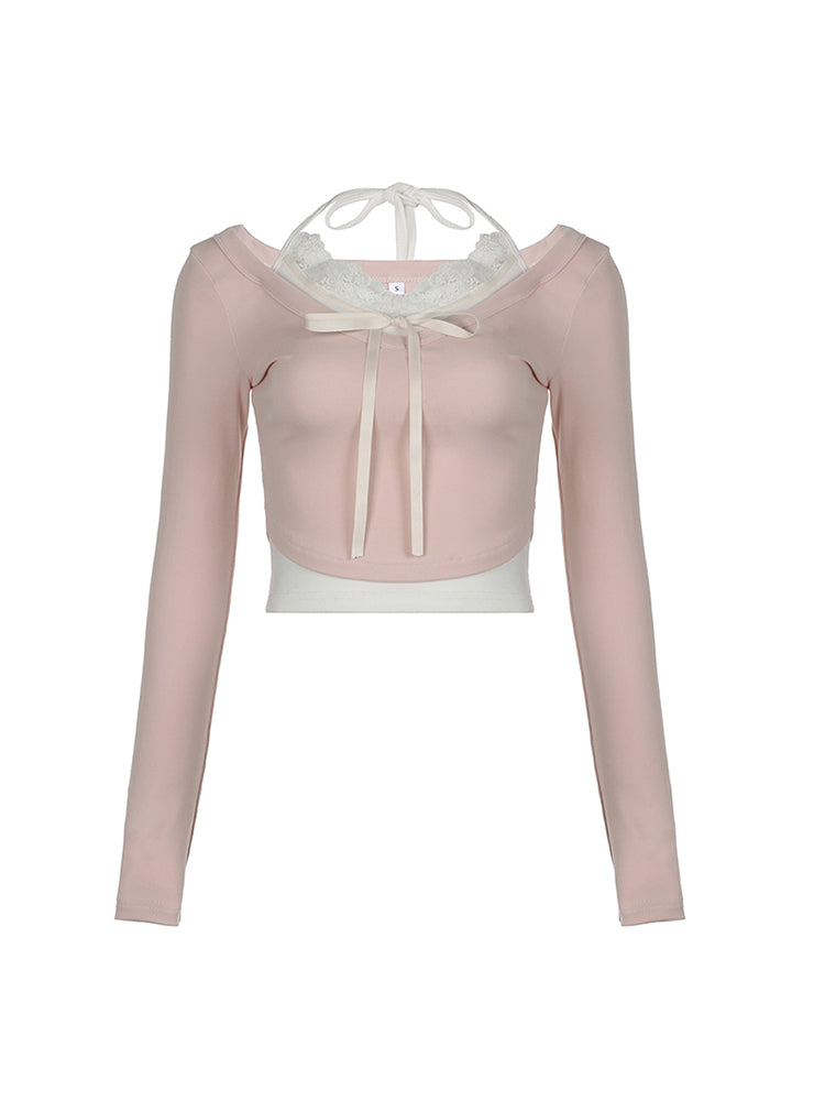 BXOXO - summer inspo Sweet Y2K Lace Contrast Patchwork Slim Long Sleeve Pink T Shirt Women 2000s Cute Kawaii Clothes