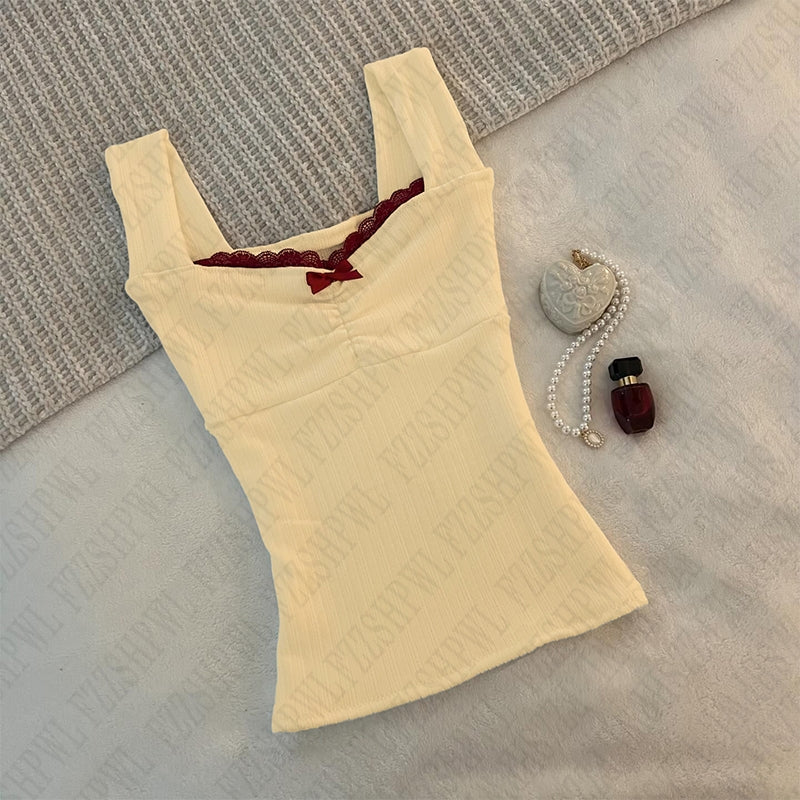 Bxoxo Casual Women's Sleeveless Camisole Retro Harajuku Y2K Hip Hop Streetwear Solid Color Fashion All-match Slim Cute Lace Crop Tops