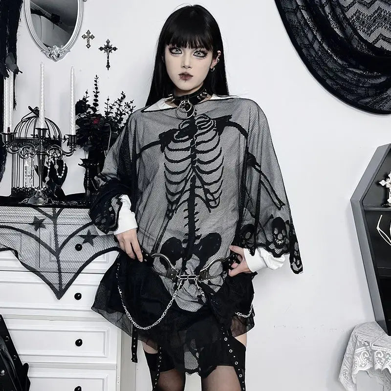 BXOXO Skulls Streetwear Punk Loose Mesh Tops Gothic Girl Emo T shirts Casual Hip Hop Dark Grunge Vintage Clothes 90S Aesthetic Y2k Tee