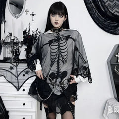 BXOXO Skulls Streetwear Punk Loose Mesh Tops Gothic Girl Emo T shirts Casual Hip Hop Dark Grunge Vintage Clothes 90S Aesthetic Y2k Tee