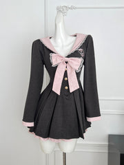 BXOXO Women College Preppy Mini Sailor Collar Dress Korean Shoujo Girl Frock Long Sleeve One-Piece 2000s Sweet Japanese Y2k Bow JK New