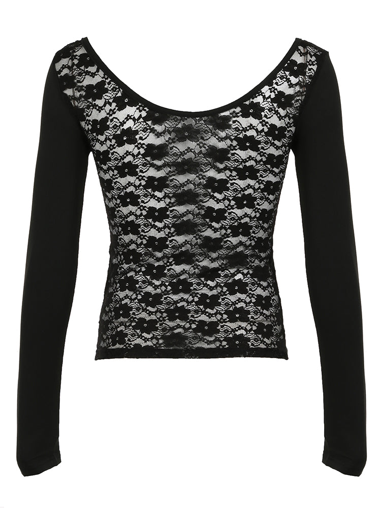 BXOXO - summer inspo Sweetown Back See Through Lace Patchwork Elegant Sexy Black T Shirt Women Button Up O Neck Slim Long Sleeve Solid Basic Tees