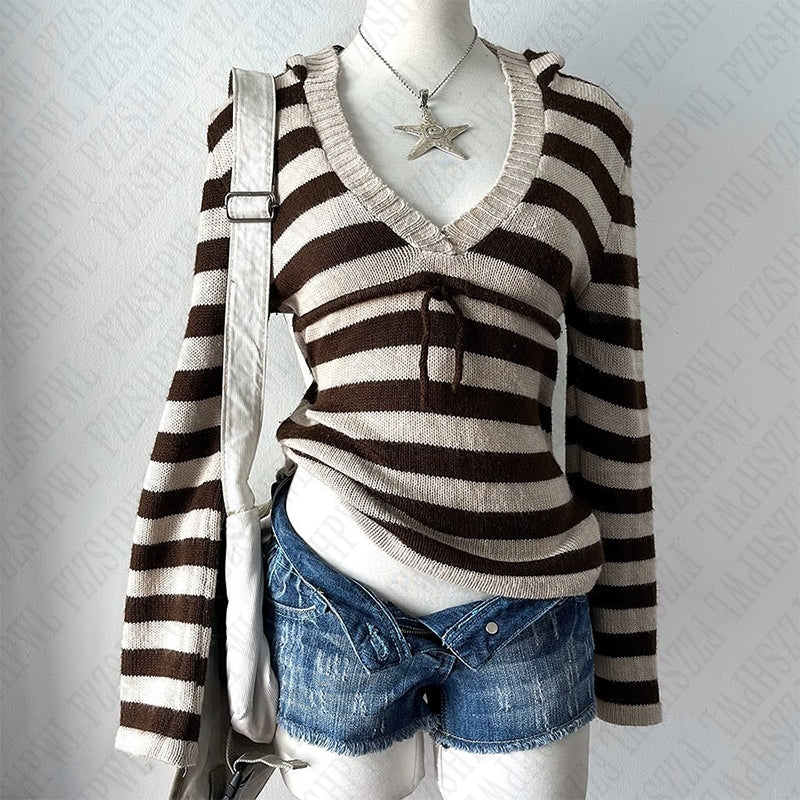 Bxoxo Vintage striped autumn and winter women's pullover sweater casual fashion chic Harajuku punk streetwear gothic slim sweater emo