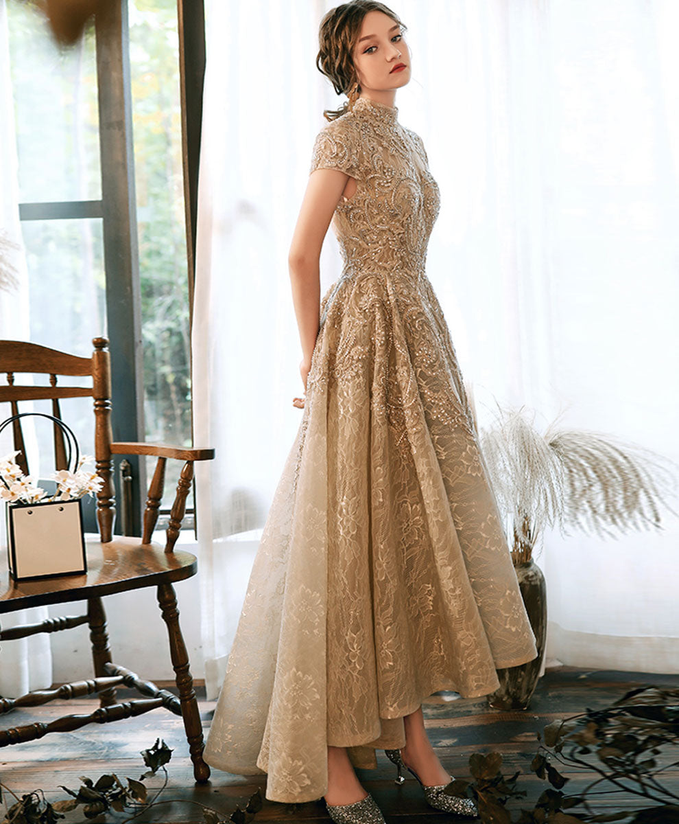 BXOXO Champagne High Neck Lace Prom Dress, Champagne Lace Formal Dress