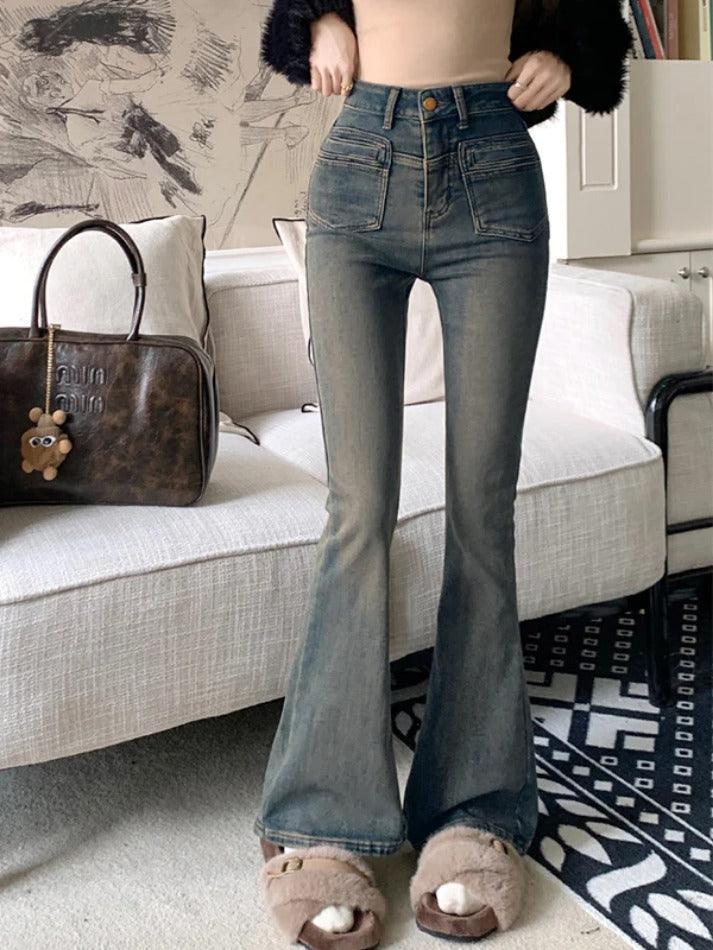 Vintage Distressed Elastic Flare Jeans