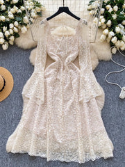 BXOXO Spring France Elegant Vintage High End Evening Dress Women 3D Flower Lace Hollow Out Party Dress Female Casual Chic Clothing New