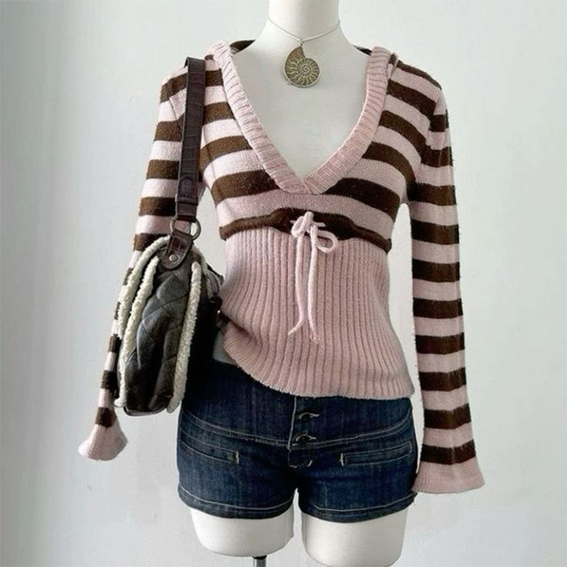 Bxoxo Vintage striped autumn and winter women's pullover sweater casual fashion chic Harajuku punk streetwear gothic slim sweater emo