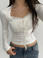 BXOXO - summer inspo Ruched Tie Lace Trim Square Collar Slim Long Sleeve White Y2K T Shirt Women Cute Japanese Kawaii Clothing