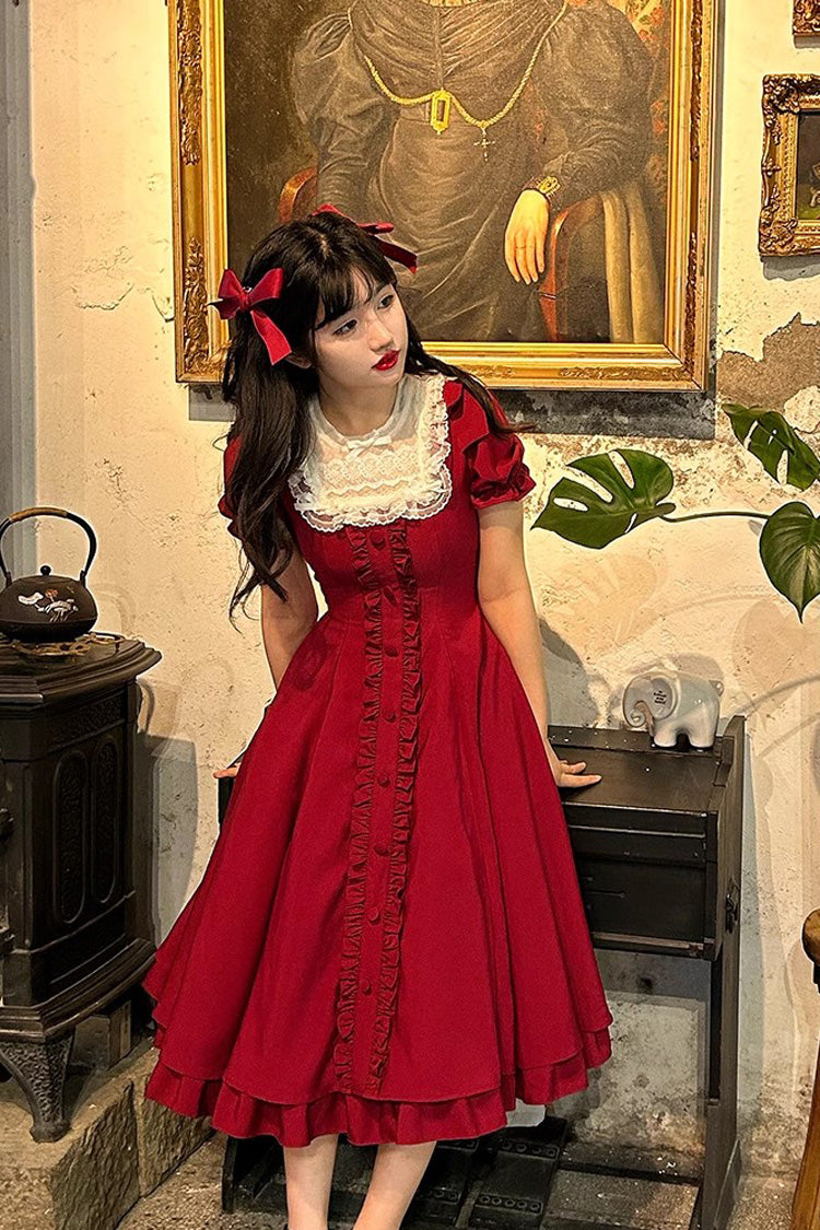 BXOXO Wine Red Annie's Gift Short Sleeves Bowknot Sweet Lolita Dress (Plus Size Support)