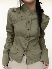 BXOXO - summer inspo Retro Green Slim Cargo Jackets Women Button Up Stand Collar Long Sleeve Autumn Korean New Fashion Outwear