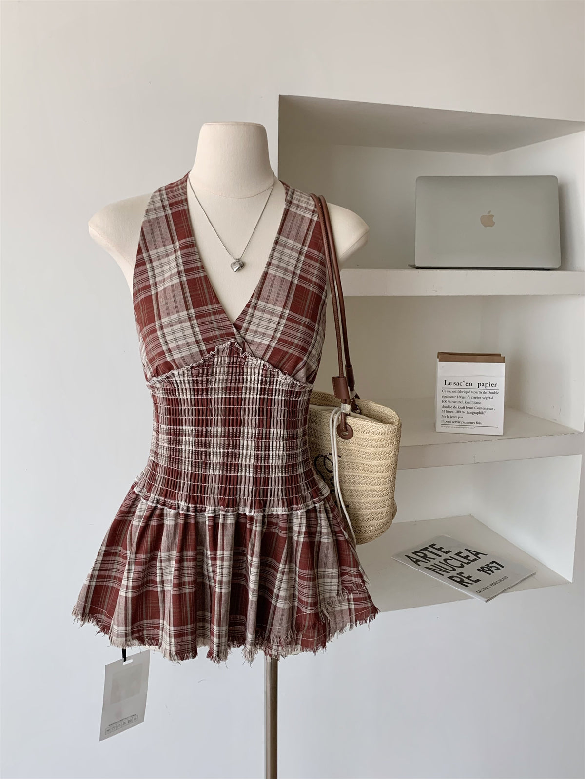 BXOXO Korea Fashion Plaid Mini Dress Women Elastic Waist V-Neck Slim Halter Pleated Dress Female Sexy Sweet College Style Clothing New