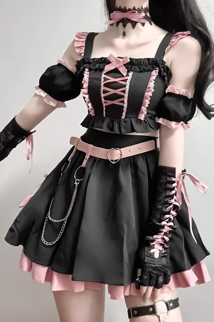 BXOXO - Black/Pink Tie Bow Gothic Sweet Lolita Strapless Skirt Dress 2 Pieces Set