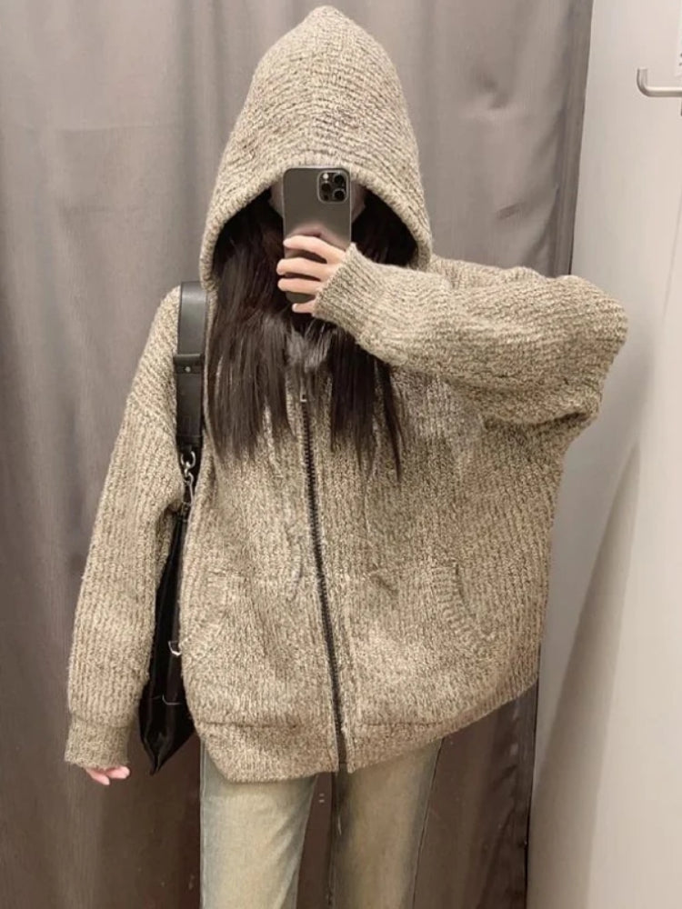 BXOXO Vintage Zipper Hooded Knitted Cardigan Women Casual Oversized Knitwear Preppy Style Solid Warm Sweaters Coat Harajuku