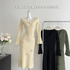 BXOXO - summer inspo Autumn and Winter Knitted Long Dress Women Fashion Retro Three-dimensional Flower V-neck Knitted Fishtail Dress Casual Versatile
