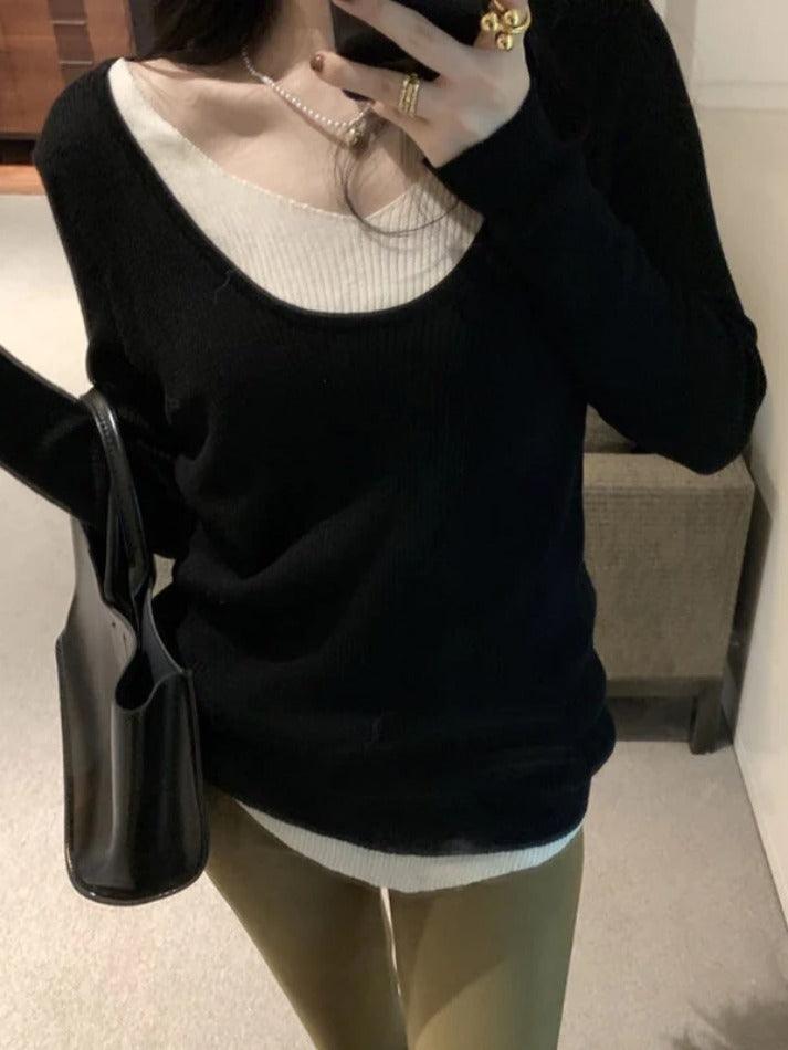 V Neck Fake Two Piece Splice Long Sleeve Knit