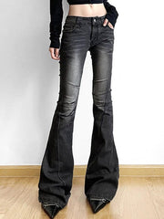 Street Distressed Ruched Splice Low Rise Flare Jeans