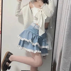 BXOXO Kawaii Lace Skirt Cute Hot Girl Clothing Summer Cake skirt Casual Loose Korea Blue 2000s Sweet Women Skirts Low-waist Y2k Skirts