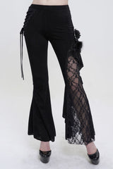 BXOXO Black Velvet Single Side Stitching Rose Net Side Rope Decoration Asymmetric Pattern Flare Women's Gothic Pants