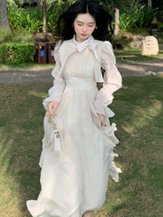 BXOXO party look inspos Autumn Chiffon Princess Party Dress for Women Midi Dresses O-neck Bow Puff Sleeves High Waist Ruffles A-line Vestidos Mujer New