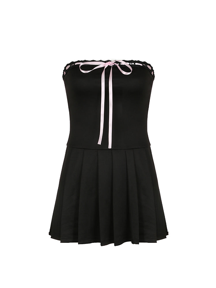 BXOXO - summer inspo Korean Fashion Contrast Tie Bow Strapless A Line Pleated Dress Women Cute Sweet Kawaii Clothing