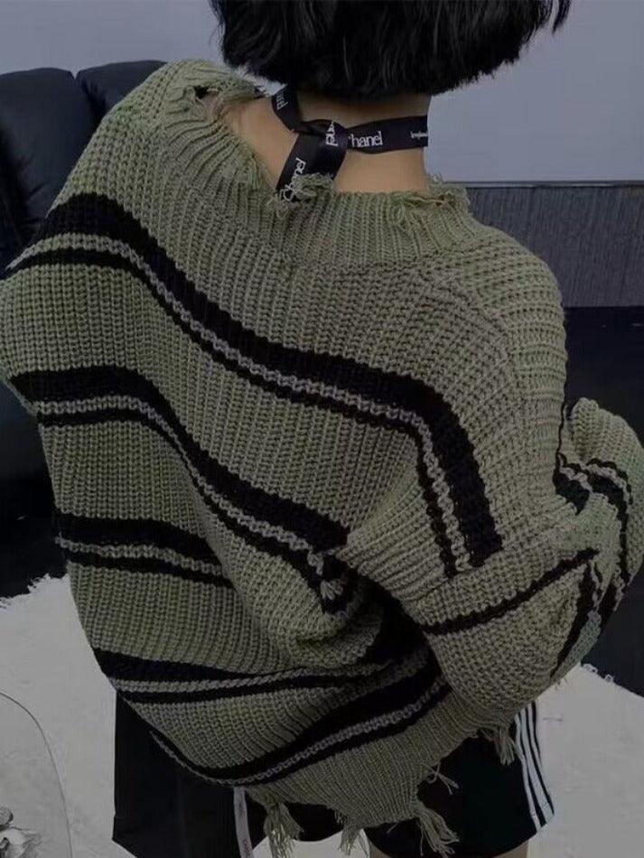 Striped V Neck Frayed Tassel Knit Sweater