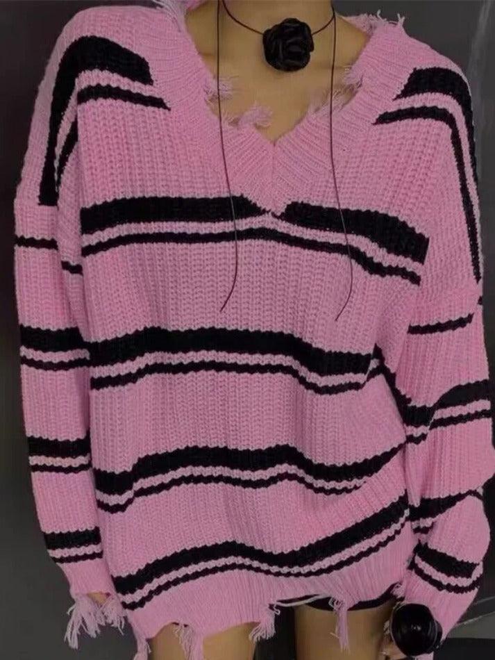 Striped V Neck Frayed Tassel Knit Sweater