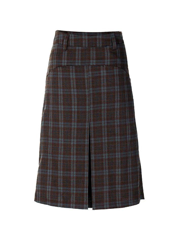 Vintage Plaid High Rise Slit No Belt Midi Skirt