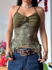 BXOXO - summer inspo Sweetown Retro Forest Green Vintage Print Boho Y2K Camisole Backless Halter Tie Asymmetrical Tops Women Summer Vacation Clothing