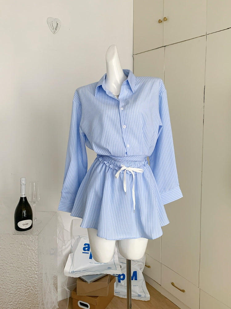 BXOXO American Elegant Fashion Striped 2 Piece Set Women Button Short Tops+Drawstring Mini Umbrella Skirts Casual Streetwear Suits New