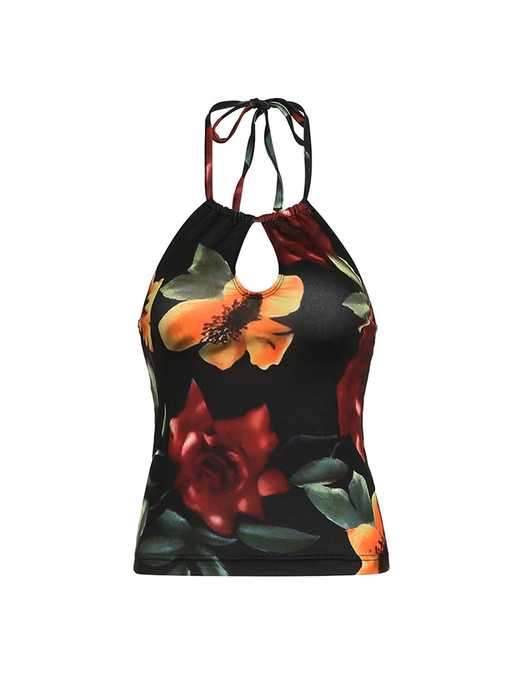 BXOXO - summer inspo Vintage Aesthetic Big Floral Print Slim Backless Tie Halter Top Women Summer Vacation Tank Vest