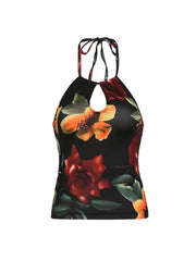 BXOXO - summer inspo Vintage Aesthetic Big Floral Print Slim Backless Tie Halter Top Women Summer Vacation Tank Vest
