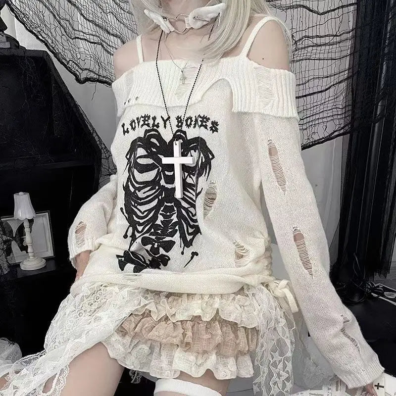 BXOXO Sweater Y2k Tops Punk Skull Gothic Women Clothes Winter Streetwear Hole Kawaii Loose Outerwears Pullovers Sweater Femme Clothing