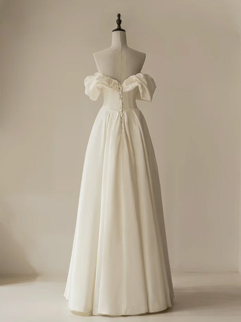 BXOXO A-Line Off Shoulder Ivory Satin Long Prom Dress, ivory Long Formal Dress