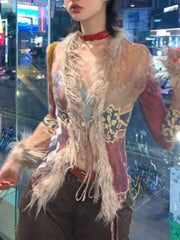 BXOXO Grunge Vintage Y2k Mesh Shirt Women Harajuku Japanese Tops Hippie Print Blouses Retro Streetwear 2000s Shirt Aesthetics