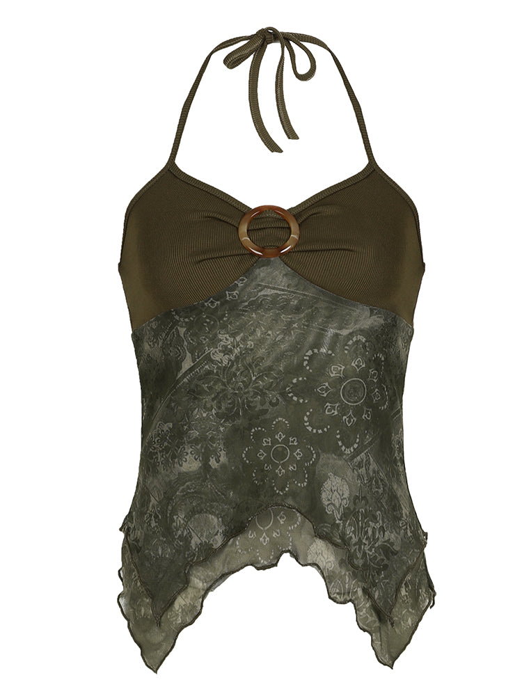 BXOXO - summer inspo Sweetown Retro Forest Green Vintage Print Boho Y2K Camisole Backless Halter Tie Asymmetrical Tops Women Summer Vacation Clothing