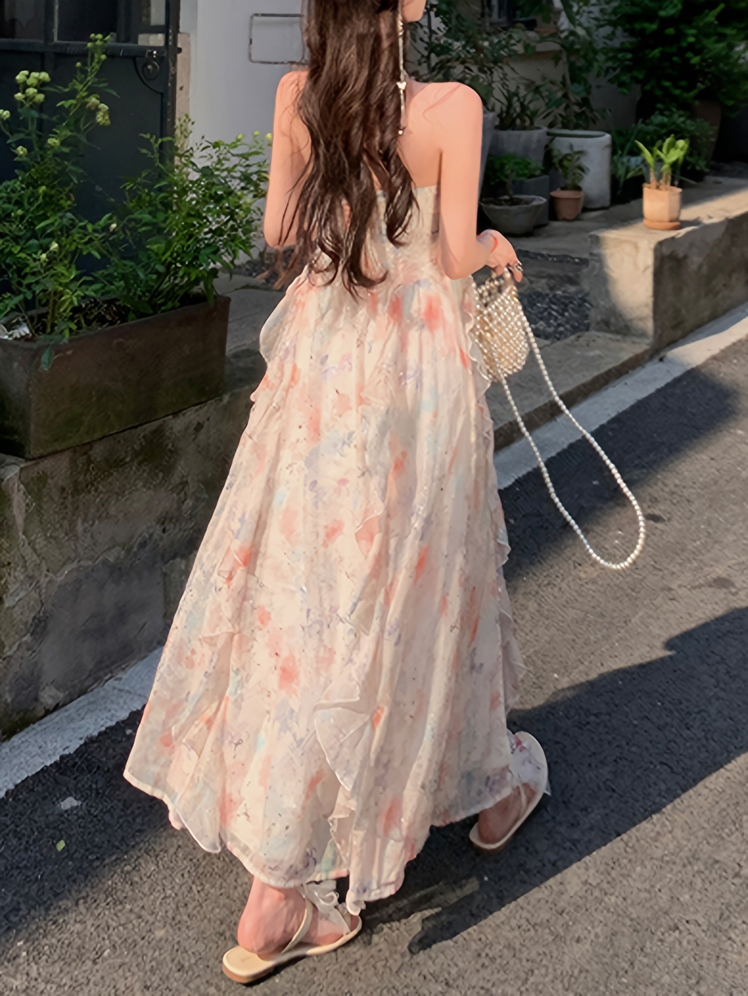 BXOXO Elegant Floral Print Polyester Midi Dress with Sweetheart Neckline and Asymmetrical Hem for Beach Vacations and Garden Parties, Beach Dress