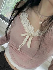 BXOXO - summer inspo Sweet Y2K Lace Contrast Patchwork Slim Long Sleeve Pink T Shirt Women 2000s Cute Kawaii Clothes