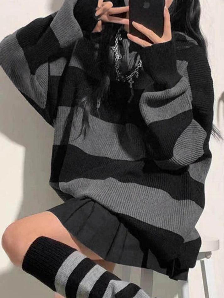 Stripe Splice Hooded Baggy Knit Sweater