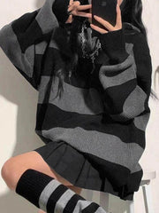 Stripe Splice Hooded Baggy Knit Sweater