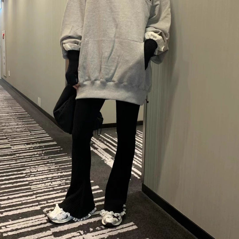 BXOXO party look inspos Deeptown Vintage Gray Lace Flare Pants Women Harajuku Elastic Waist Korean Fashion Knit Trousers Slim Solid Color Winter Casual