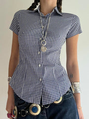 BXOXO - summer inspo Sweetown American Retro Casual Short Sleeve Plaid Shirts For Women Button Up Turn Down Collar Summer Spring Preppy Tops